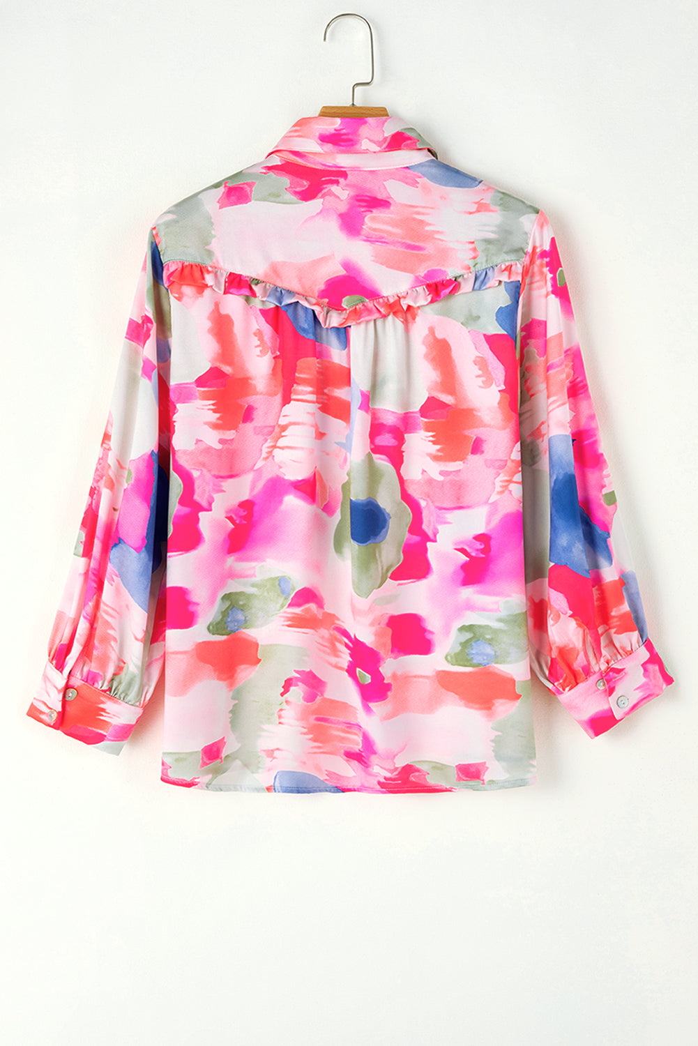 Multicolour Abstract Printed Lantern Sleeve Frilled Button Front Collared Shirt