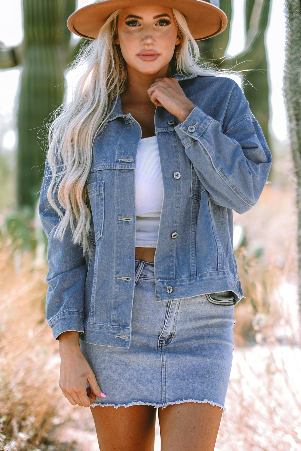 Light Blue Washed Oversize Pocketed Denim Jacket