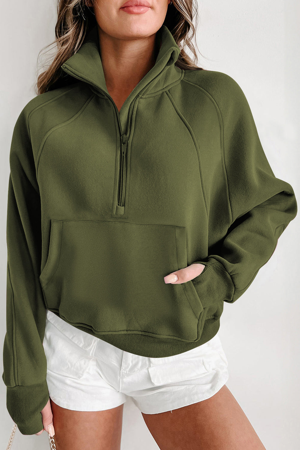 Parchment Fleece Lined Zip Up Stand Collar Thumbhole Sleeve Sweatshirt