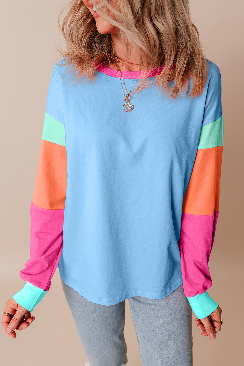 Rose Red Colorblock Patchwork Long Sleeve Loose Top