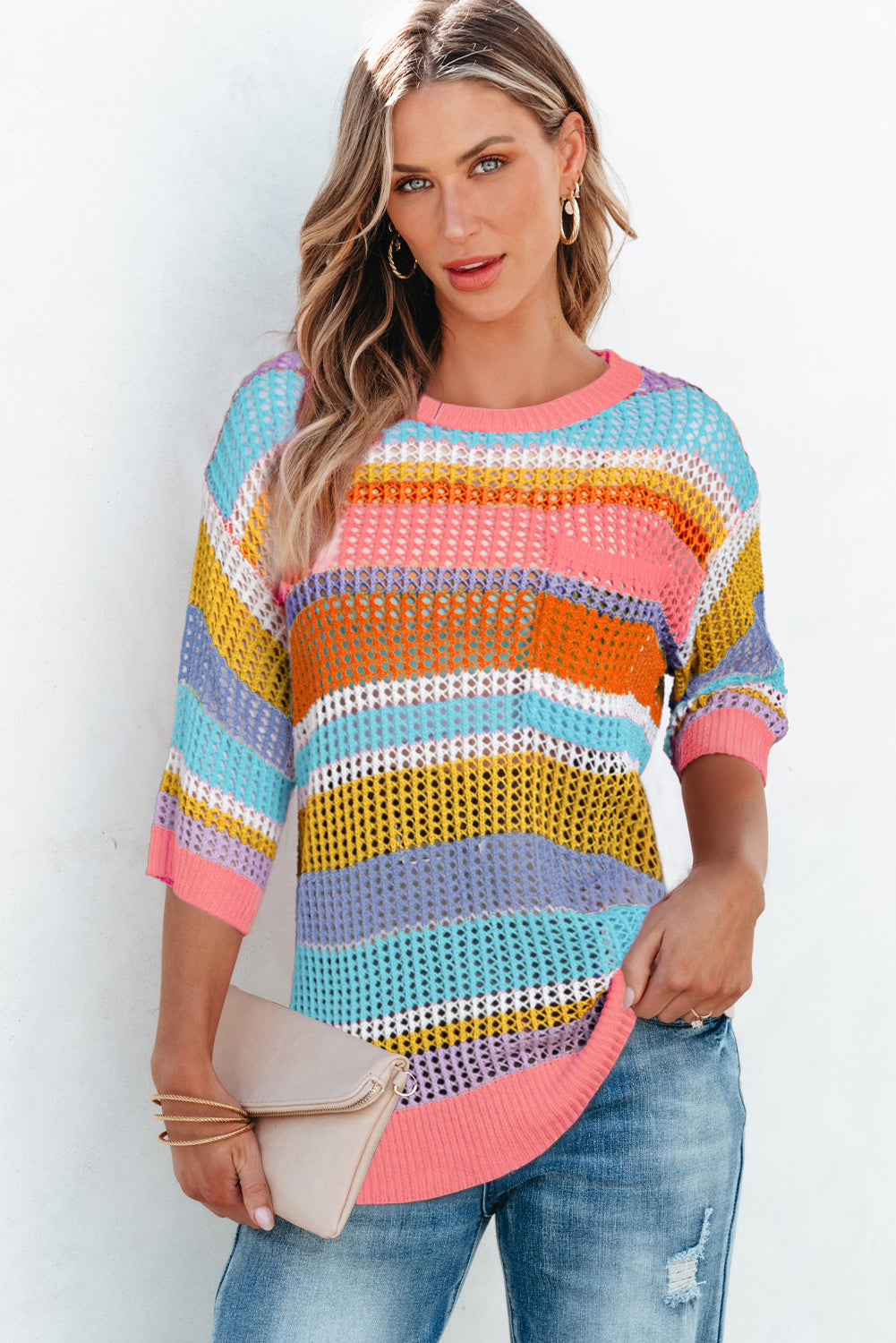 Orange Stripe Colorblock Hollowed Crochet 3/4 Sleeve Sweater