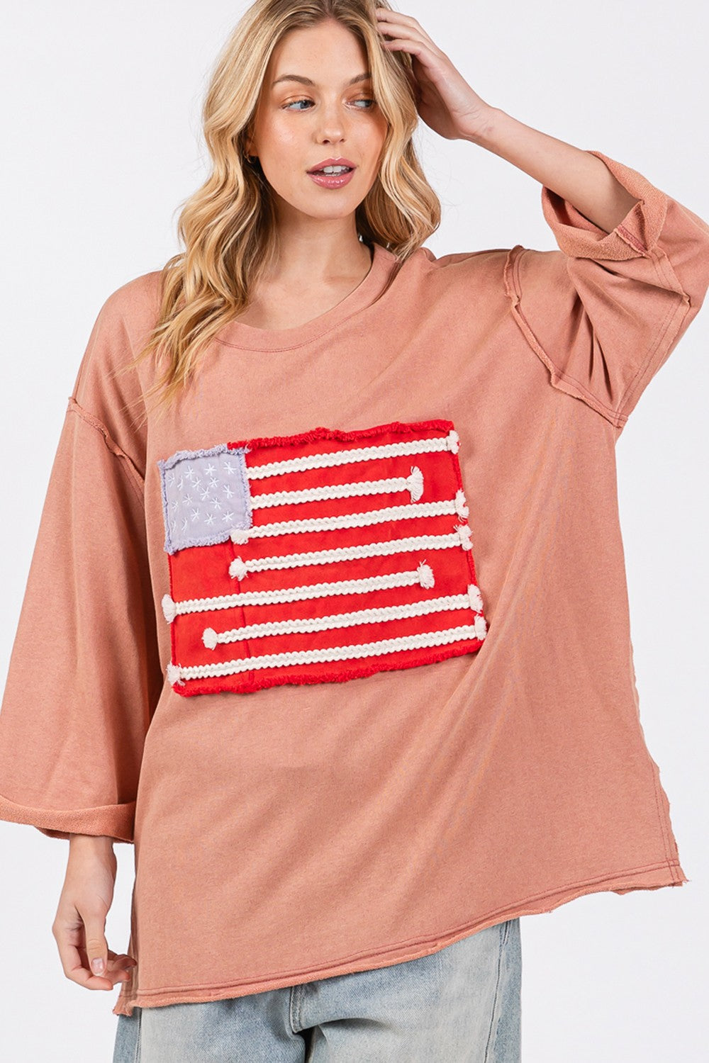 SAGE + FIG Full Size American Flag Patch Drop Shoulder T-Shirt