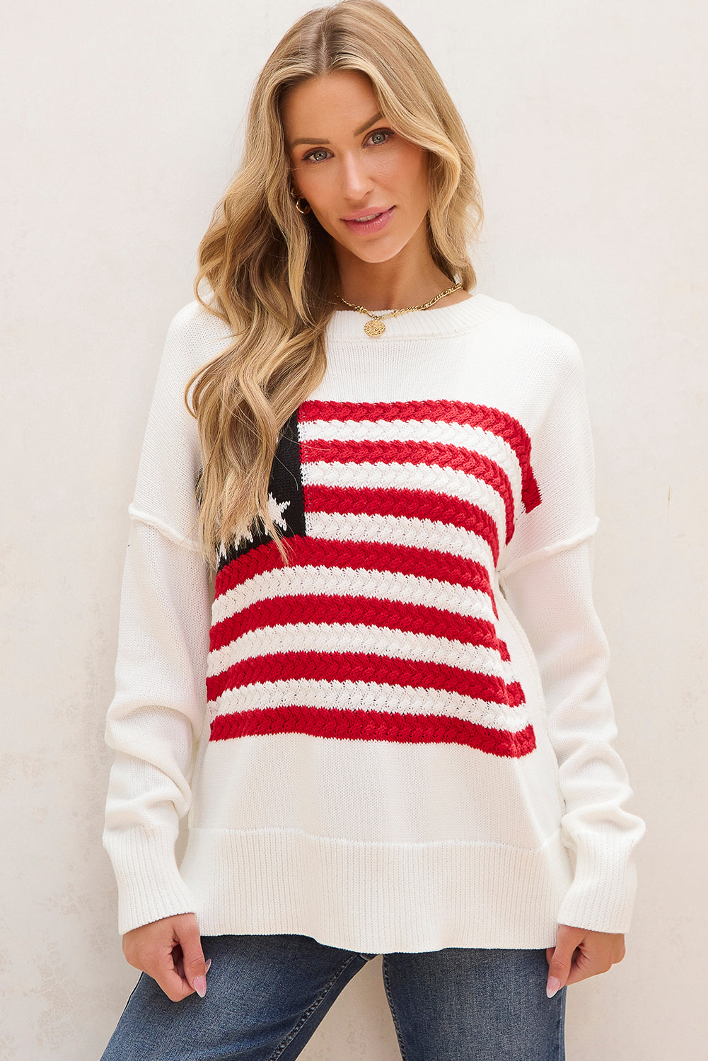 White American Flag Cable Knit Drop Shoulder Sweater