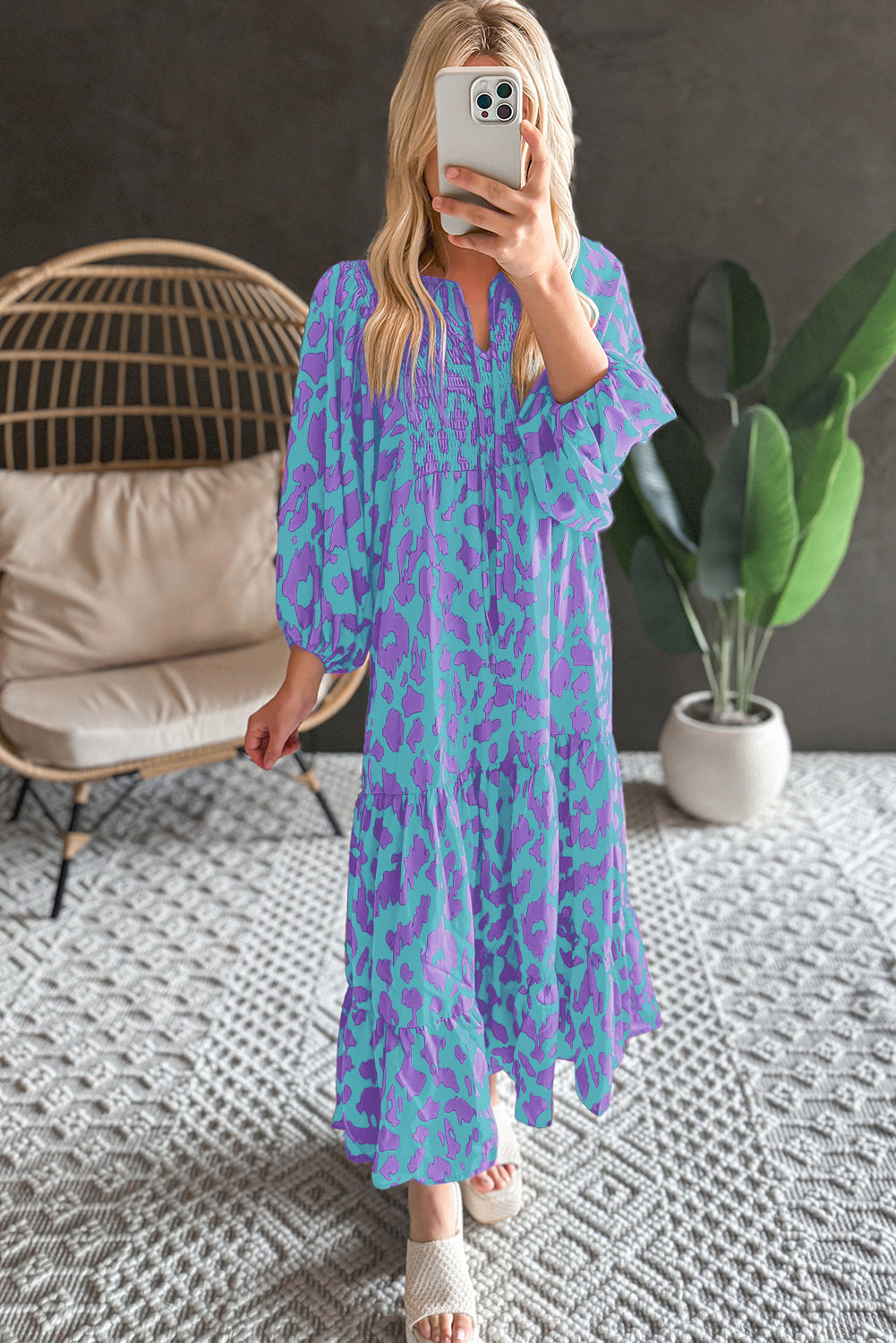 Sky Blue Abstract Print Puff Sleeve Tied Notched Neck Long Dress