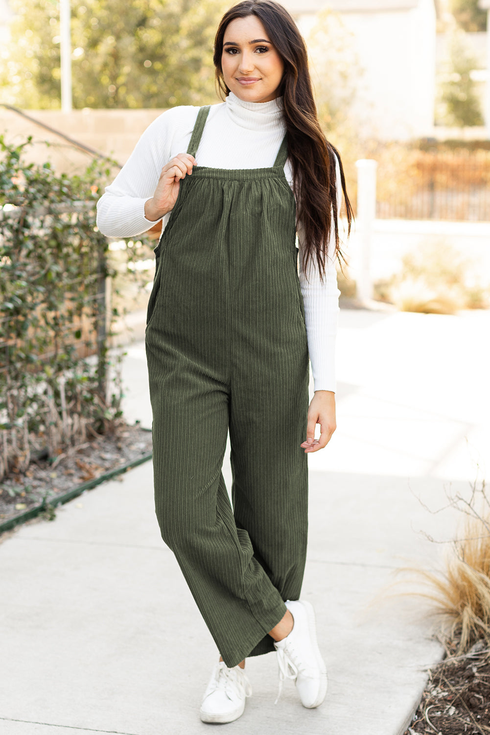 Jungle Green Solid Pocketed Loose Fit Corduroy Overall