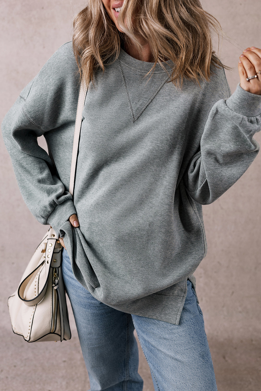 Medium Grey Side Split Drop Shoulder Oversized Top