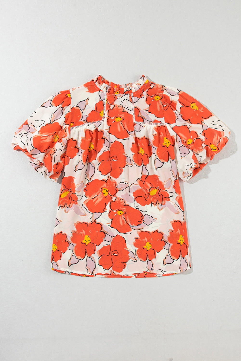 Orange Floral Bubble Sleeve Frill Neck Loose Blouse