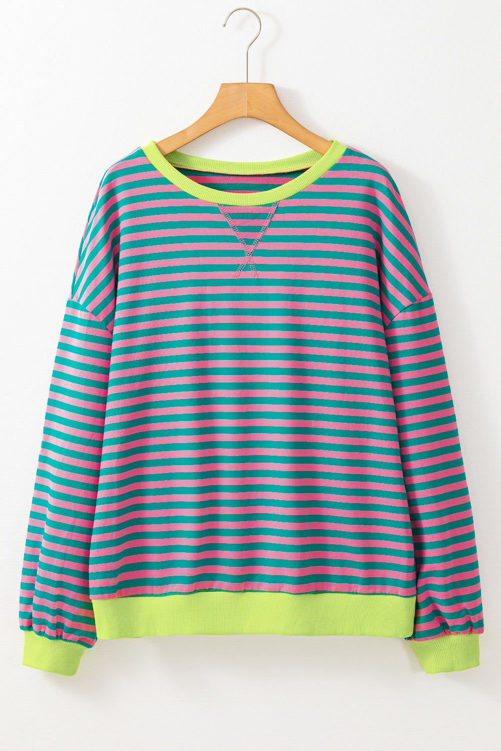 Green Stripe Oversized Contrast Trim Pullover Sweatshirt