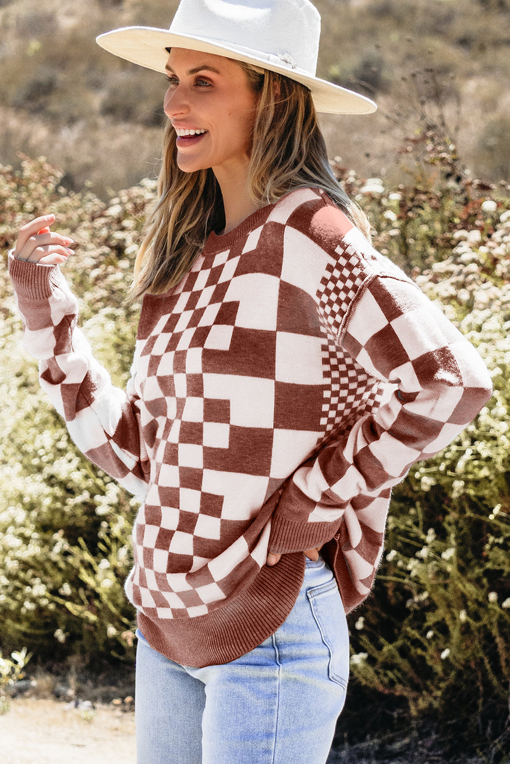 Gray Checkered Print Drop Shoulder Round Neck Sweater