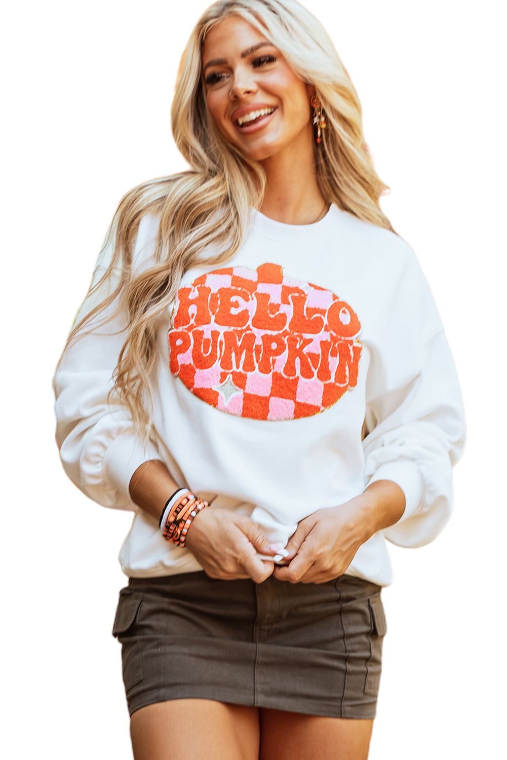 White Terry Halloween Pumpkin Patched Pattern Pullover Sweatshirt