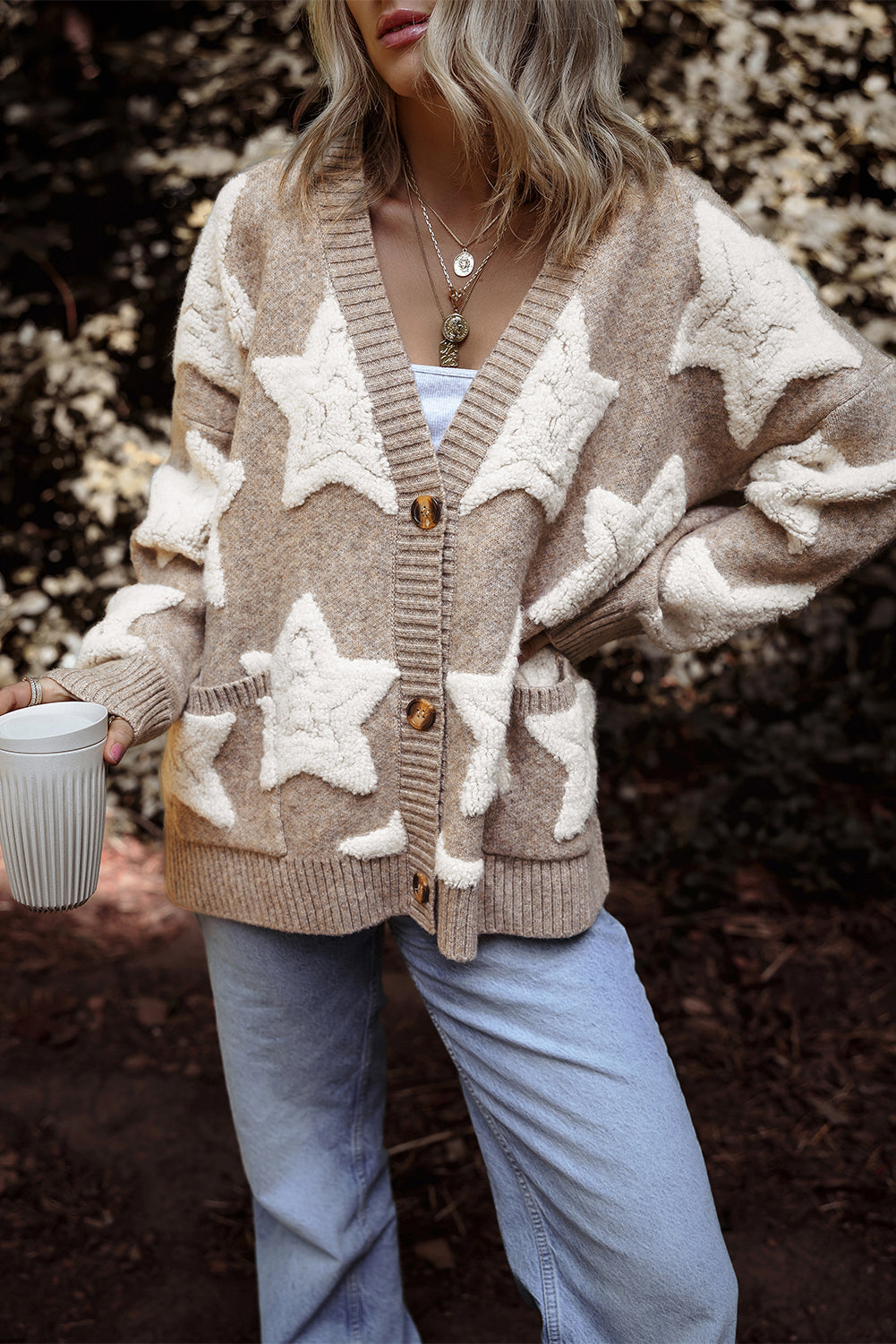 Pink Sherpa Star Pattern Textured Sweater Cardigan with Pockets