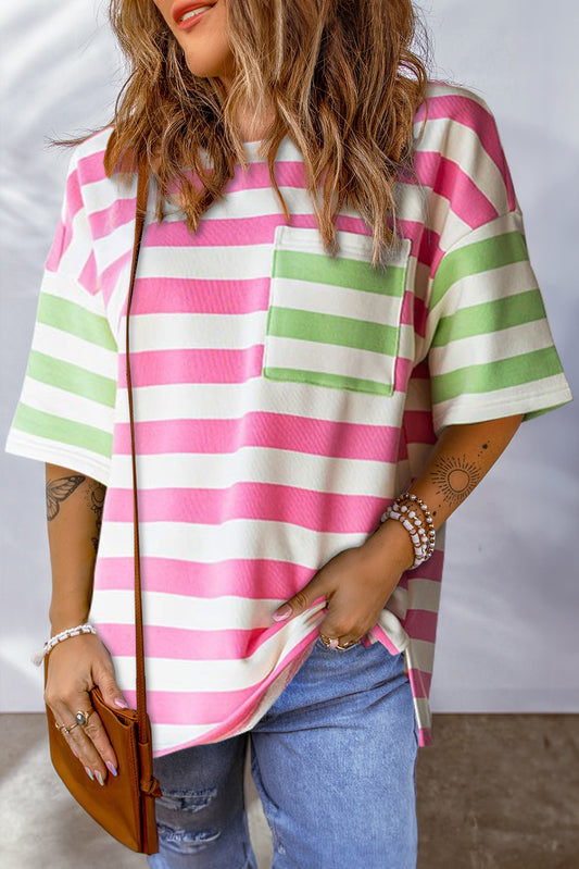 Orange Stripe Contrast Patch Pocket Drop Sleeve T Shirt