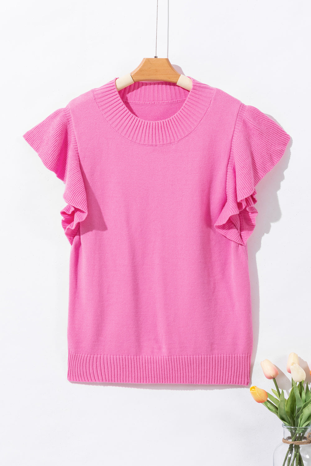 Bonbon Ribbed Mock Neck Ruffled Short Sleeve Sweater