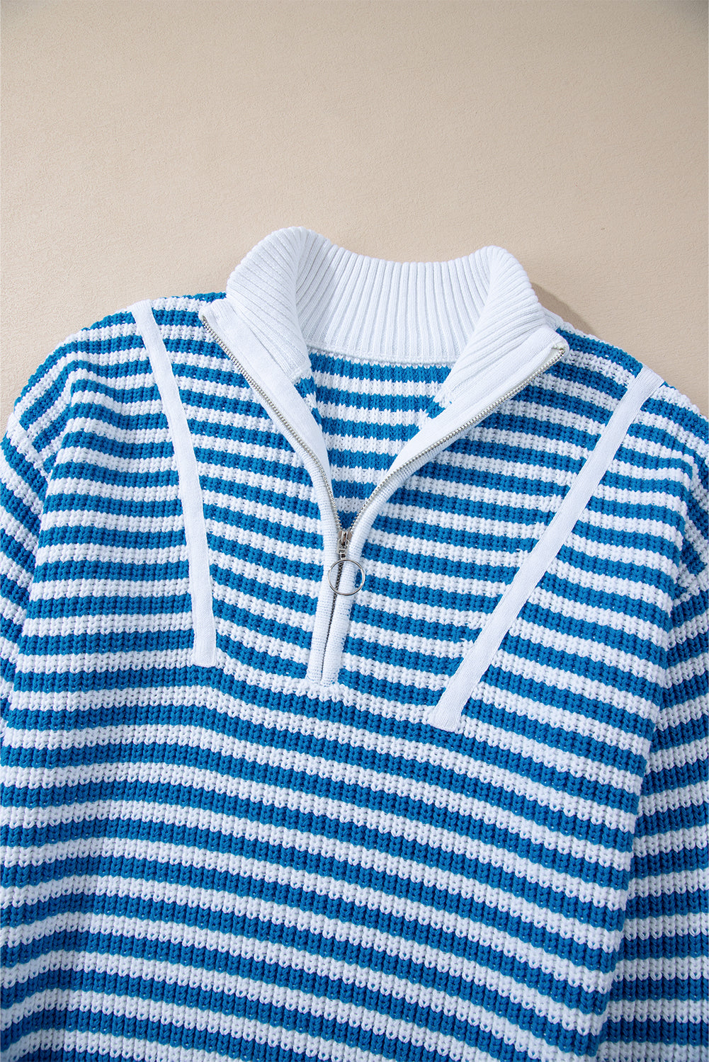 Sky Blue Stripe Zip up Collar Drop Shoulder Sweater