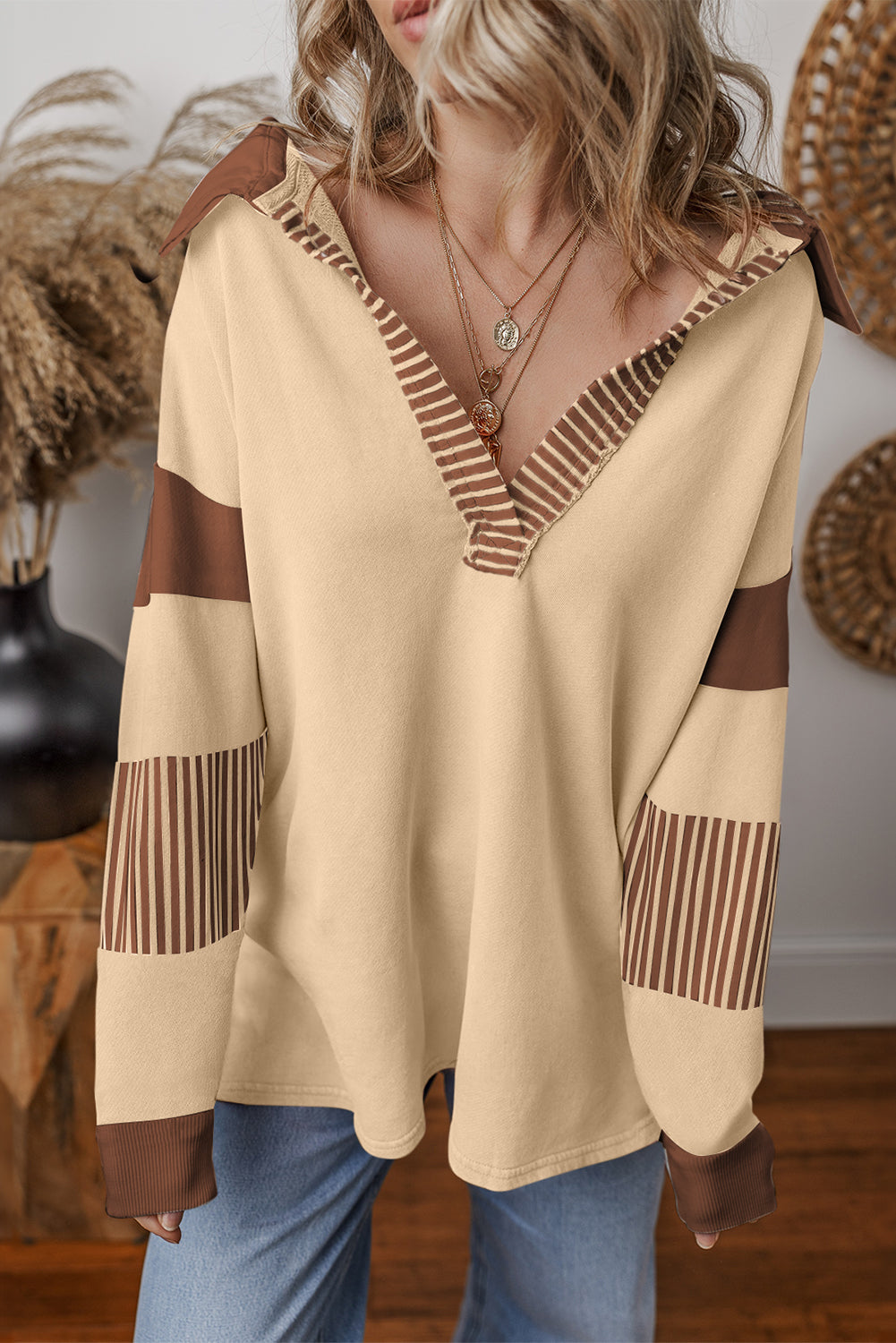 Casual Striped Colorblock Patchwork Collar Sweatshirt