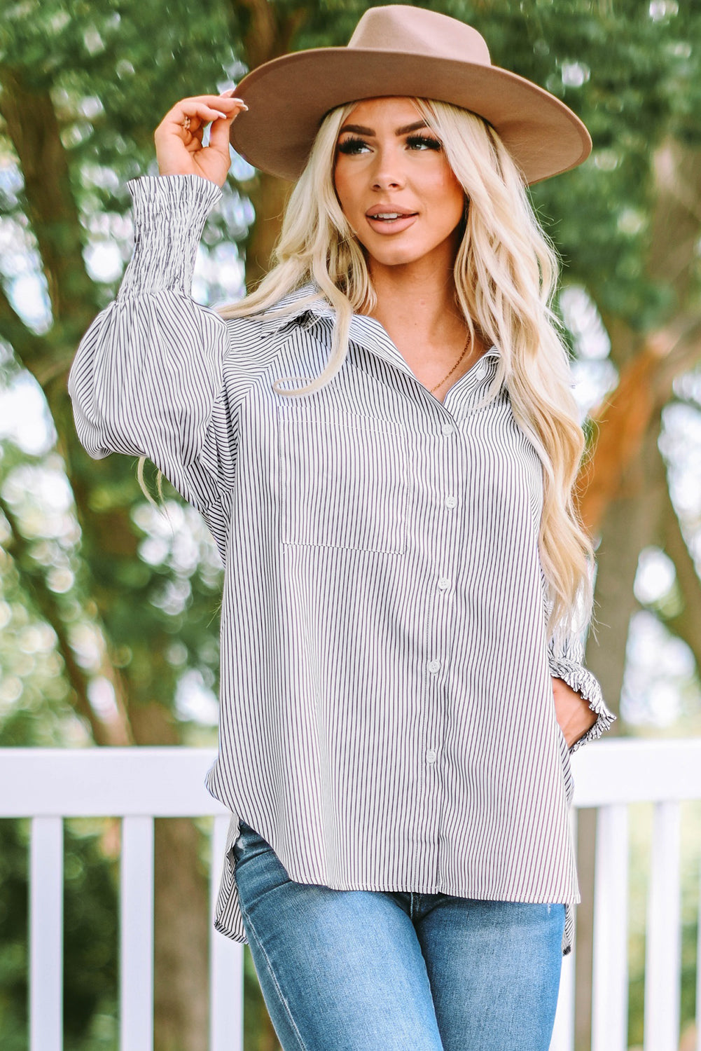 Sky Blue Smocked Cuffed Striped Boyfriend Shirt with Pocket