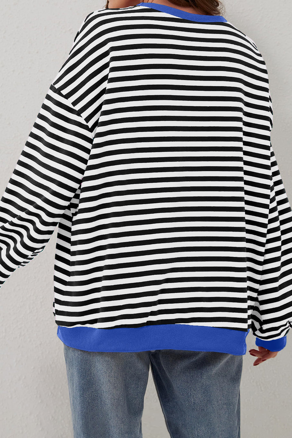 Sky Blue Stripe Oversized Contrast Trim Pullover Sweatshirt