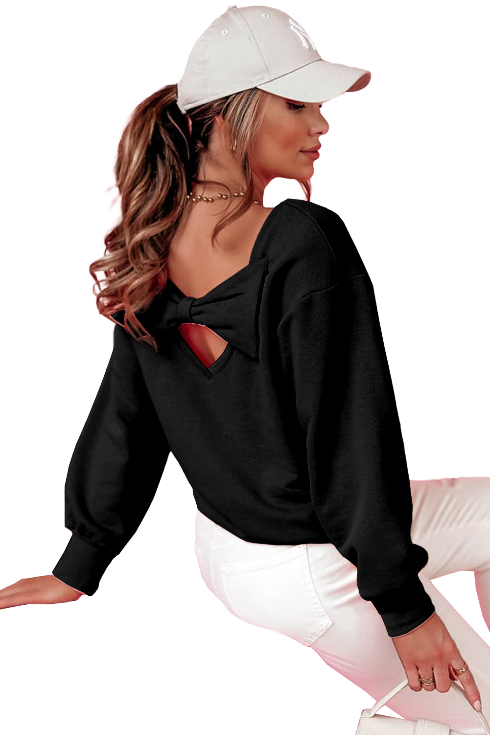 Apricot Bowknot Dewback Round Neck Sweatshirt