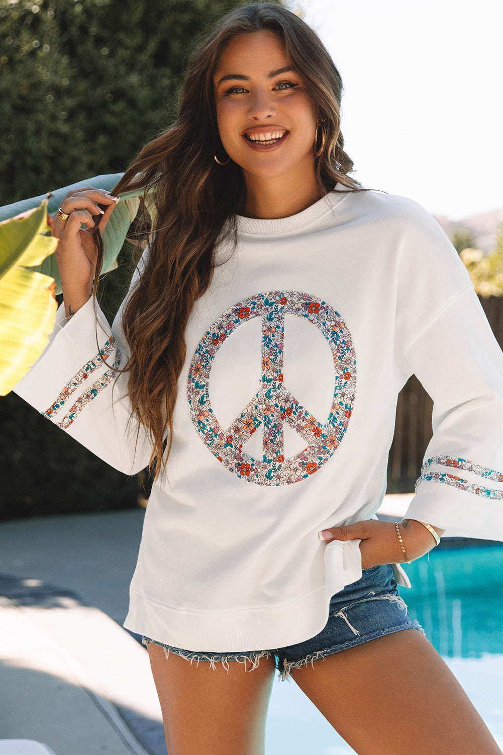 Floral Peace Sign Drop Shoulder Wide Sleeve Casual Top