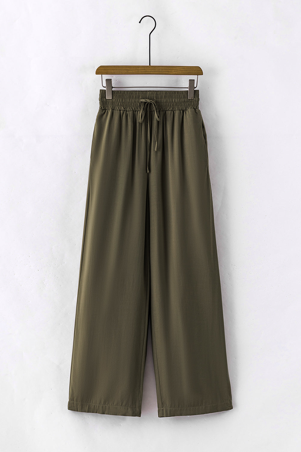 Green Brown Drawstring Elastic Waist Casual Wide Leg Pants