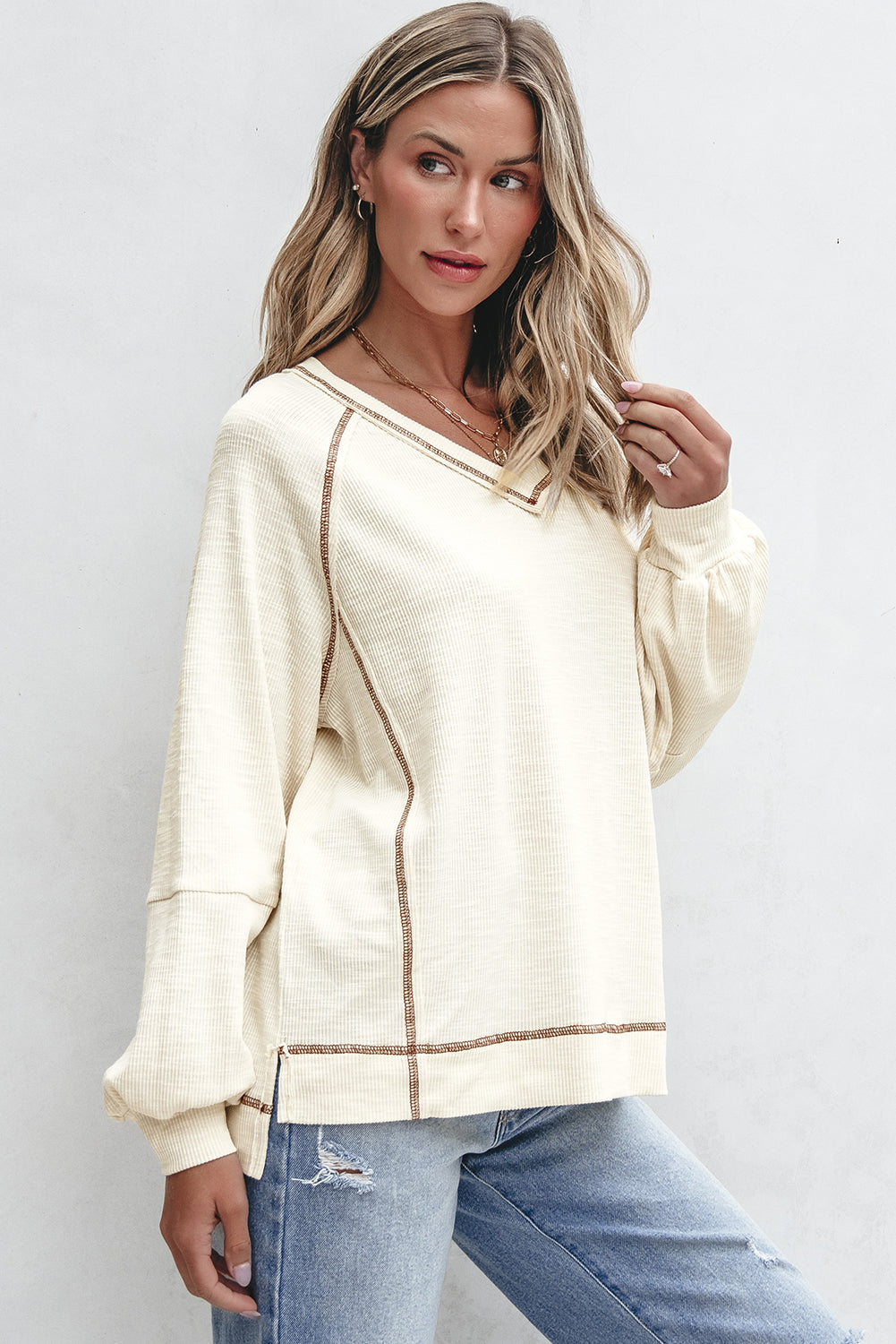 Beige Exposed Seam Textured Knit V Neck Pullover Top