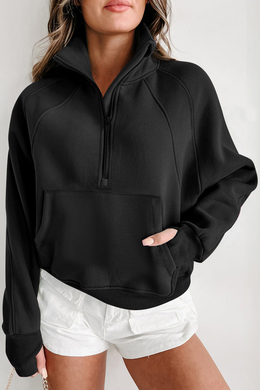 Parchment Fleece Lined Zip Up Stand Collar Thumbhole Sleeve Sweatshirt