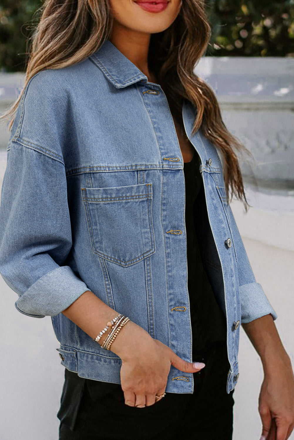 Light Blue Washed Oversize Pocketed Denim Jacket