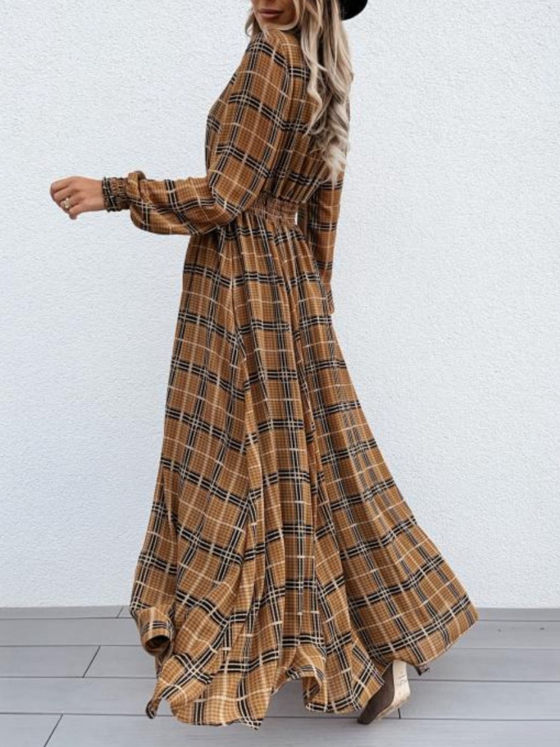 Slit Plaid Tie Neck Long Sleeve Maxi Dress