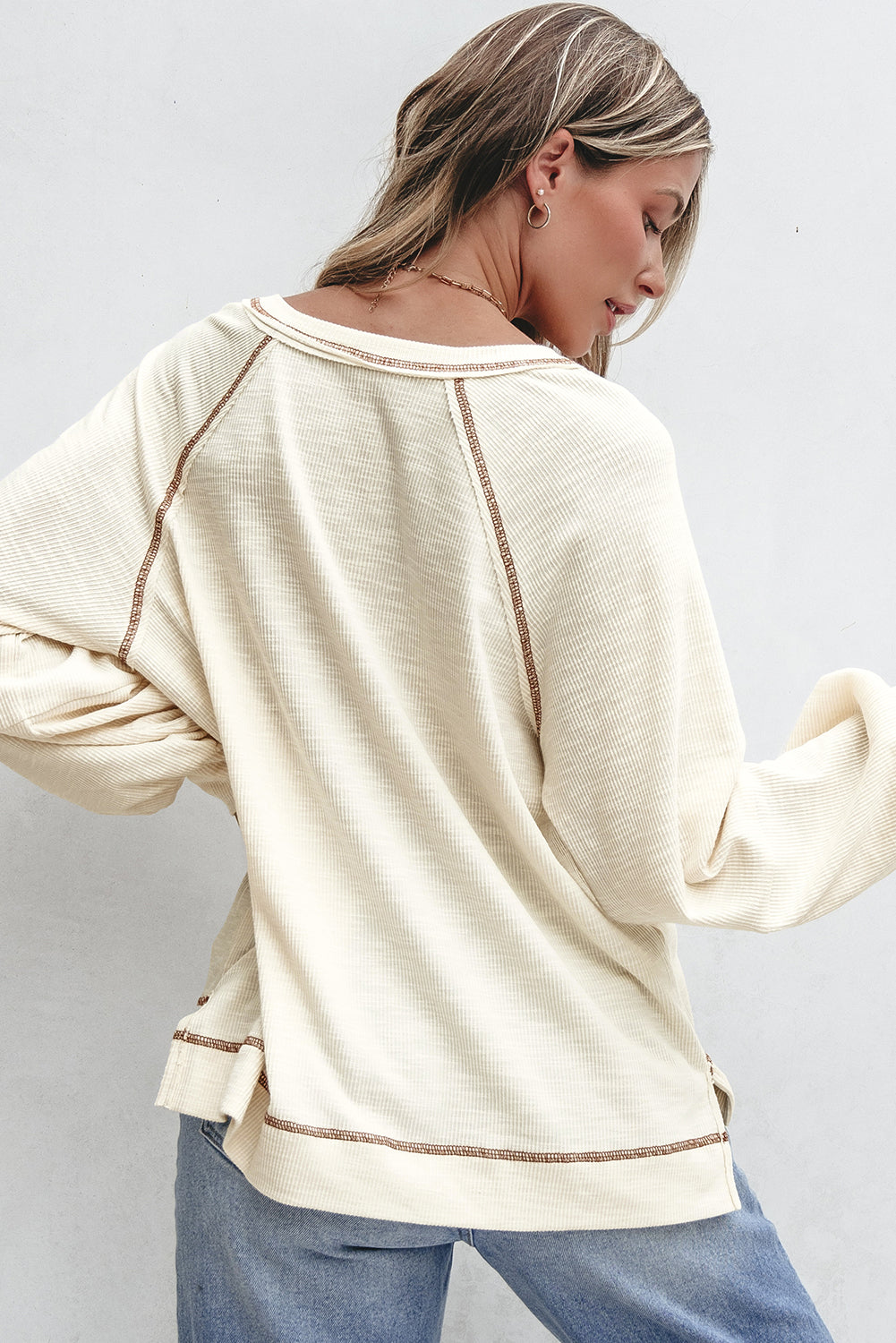 Beige Exposed Seam Textured Knit V Neck Pullover Top