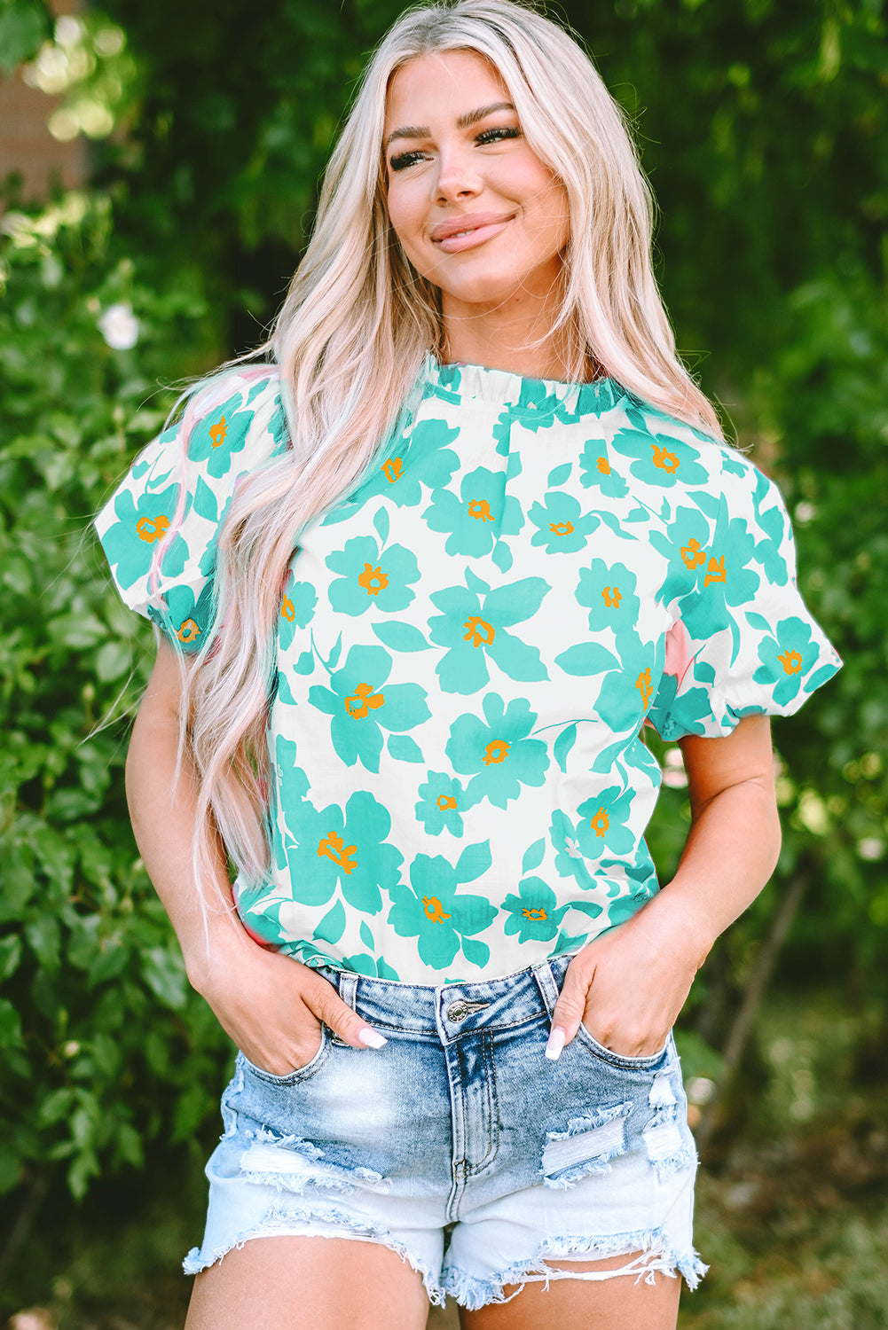 Beige Floral Puff Sleeve Frilled Neckline Blouse