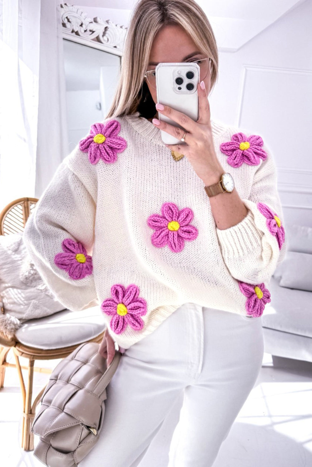 Parchment Floral Crochet Chunky Knit Sweater