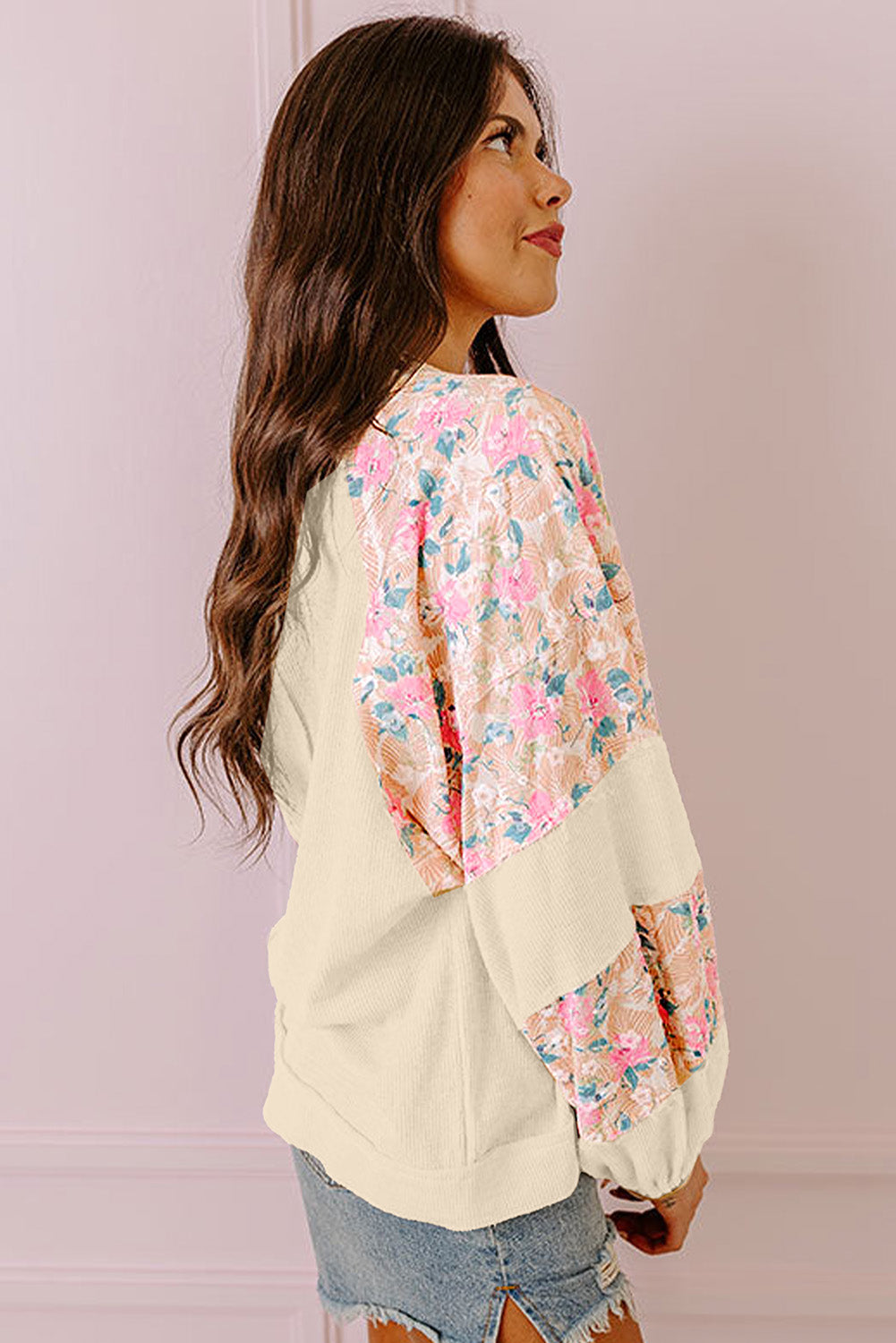 Apricot Textured Floral Patchwork Balloon Sleeve Blouse