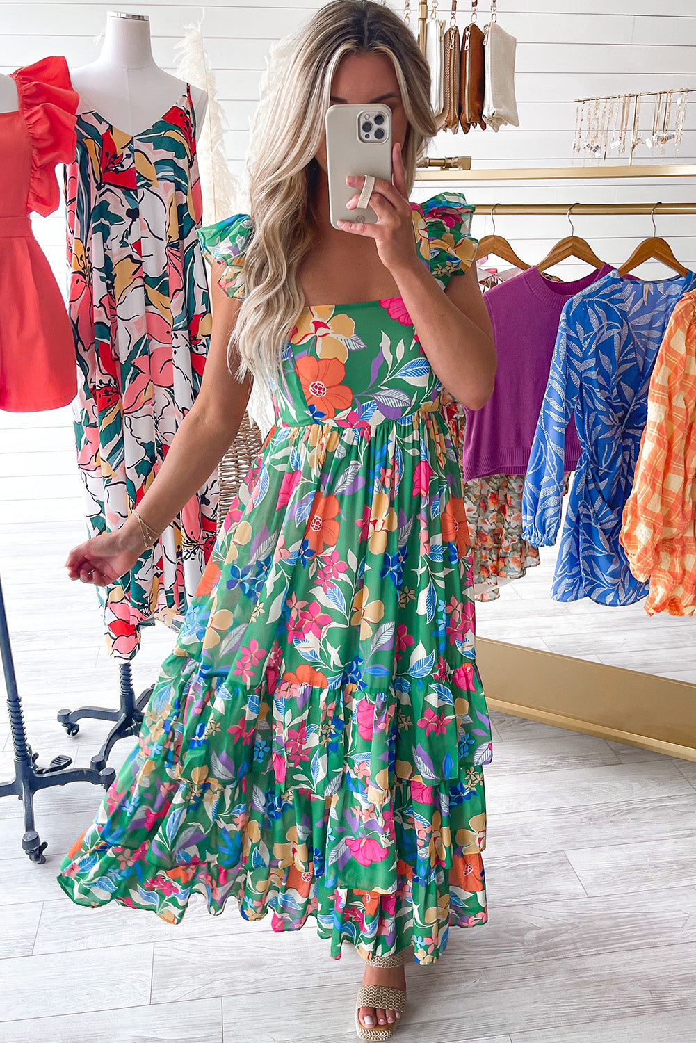 Green Floral Print Sleeveless Ruffle Tiered Maxi Dress