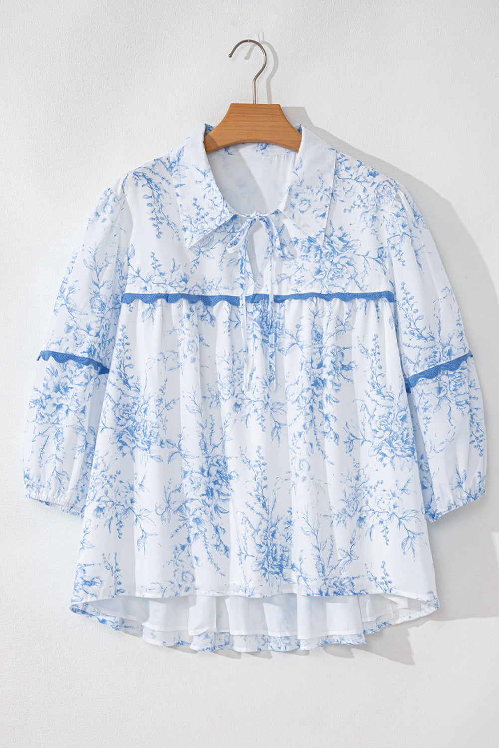 Sky Blue Floral 3/4 Sleeve Tied Collar Blouse