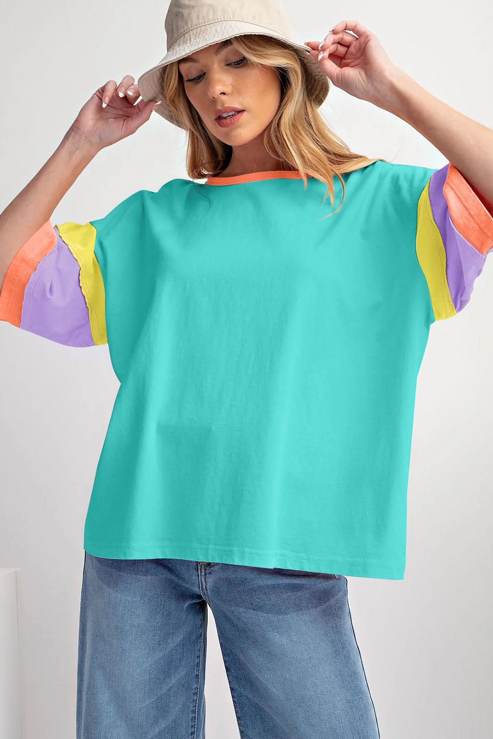 Light Blue Color Block Stitching Sleeve Round Neck Oversize Top