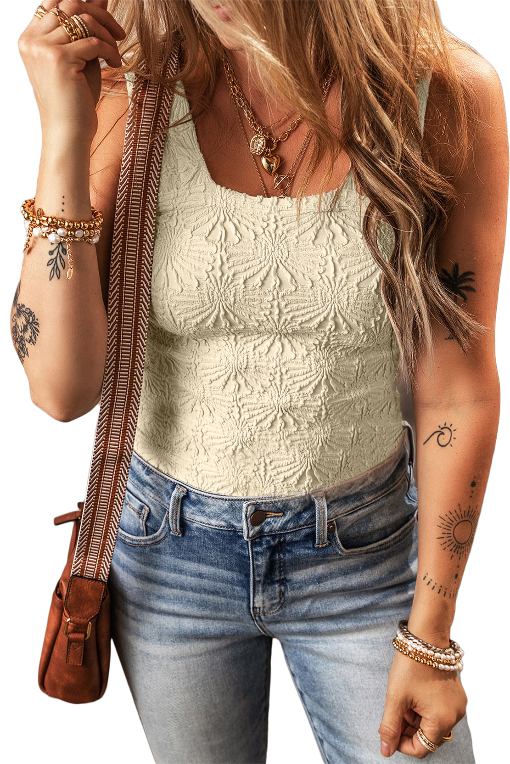 Smoke Gray Floral Jacquard Square Neck Tank Top