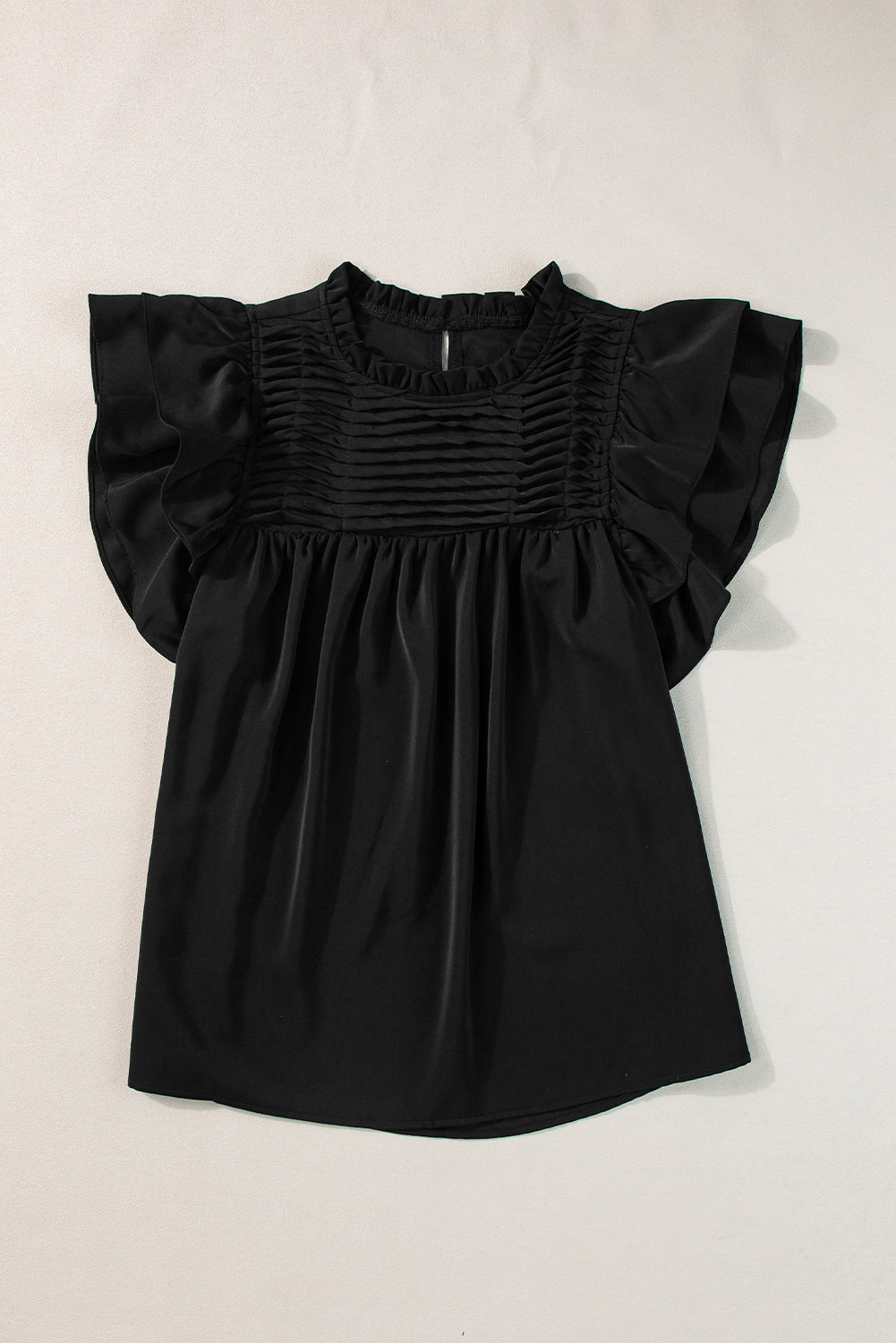 Black Smocked Ruffle Sleeve Blouse