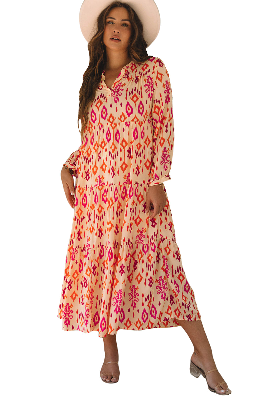 Orange Western Abstract Geometric Printed Maxi Dress