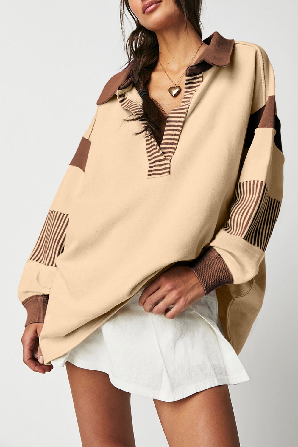 Casual Striped Colorblock Patchwork Collar Sweatshirt