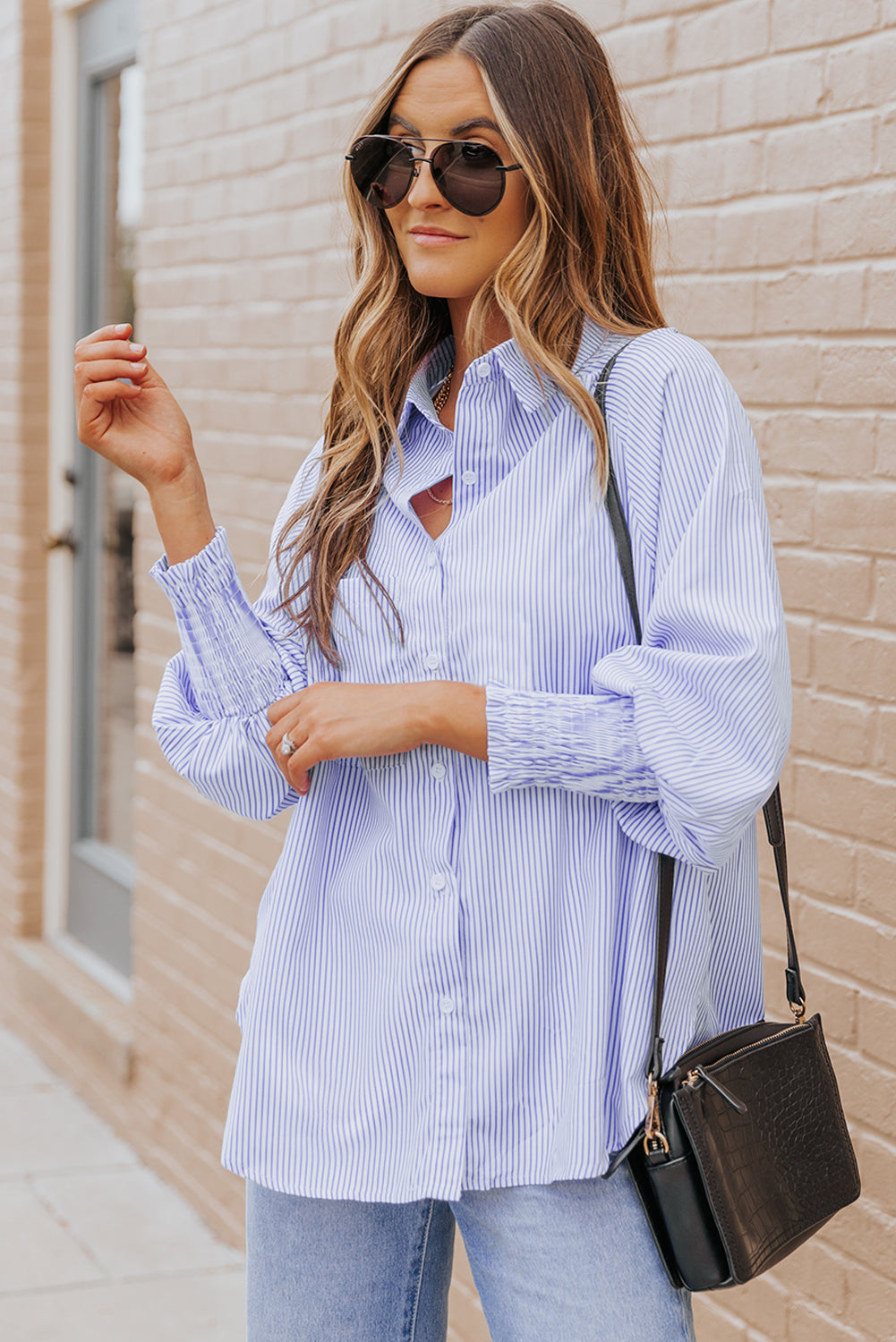 Sky Blue Smocked Cuffed Striped Boyfriend Shirt with Pocket