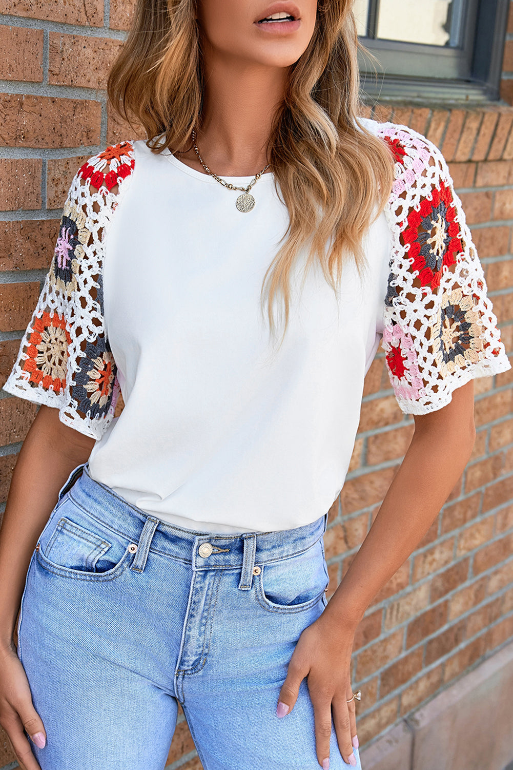 Turquoise Floral Crochet Short Sleeve Top