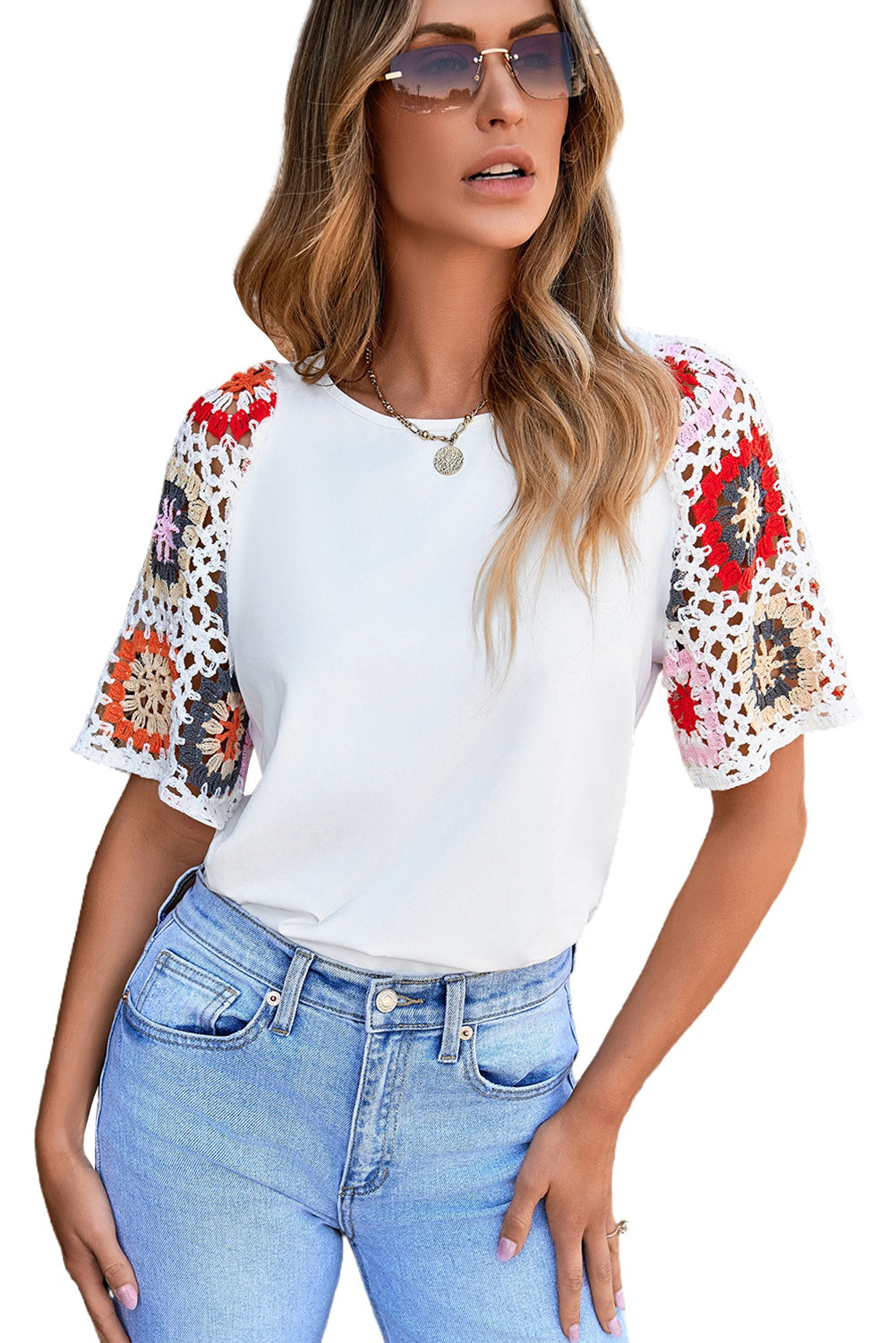 Turquoise Floral Crochet Short Sleeve Top