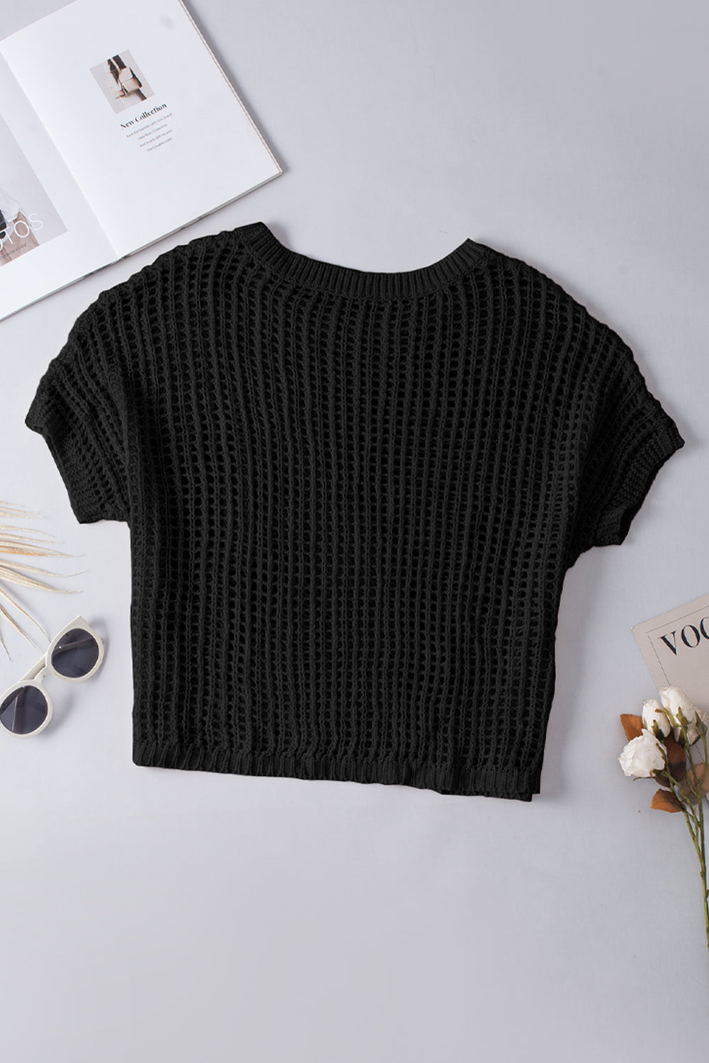 Apricot Fishnet Knit Ribbed Round Neck Short Sleeve Sweater Tee