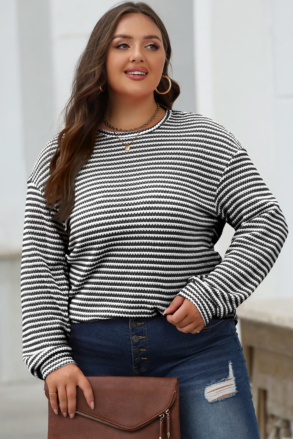 Black Stripe Round Neck Drop Shoulder Long Sleeve Top