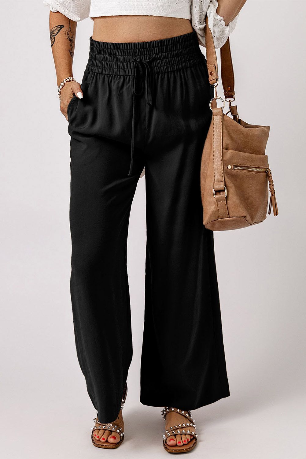 Green Brown Drawstring Elastic Waist Casual Wide Leg Pants