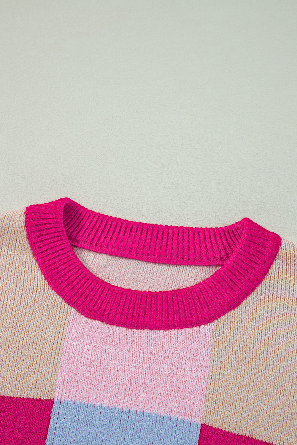 Rose Red Color Block Drop Shoulder Crewneck Loose Fit Sweater