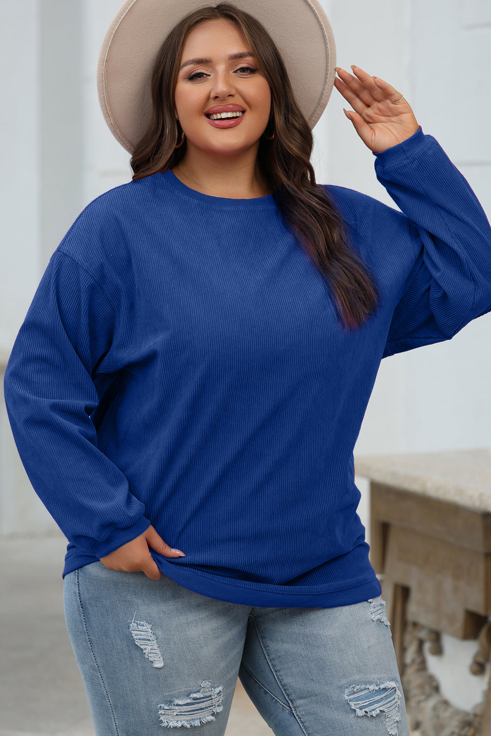 Dark Blue Ribbed Corduroy Oversized Sweatshirt