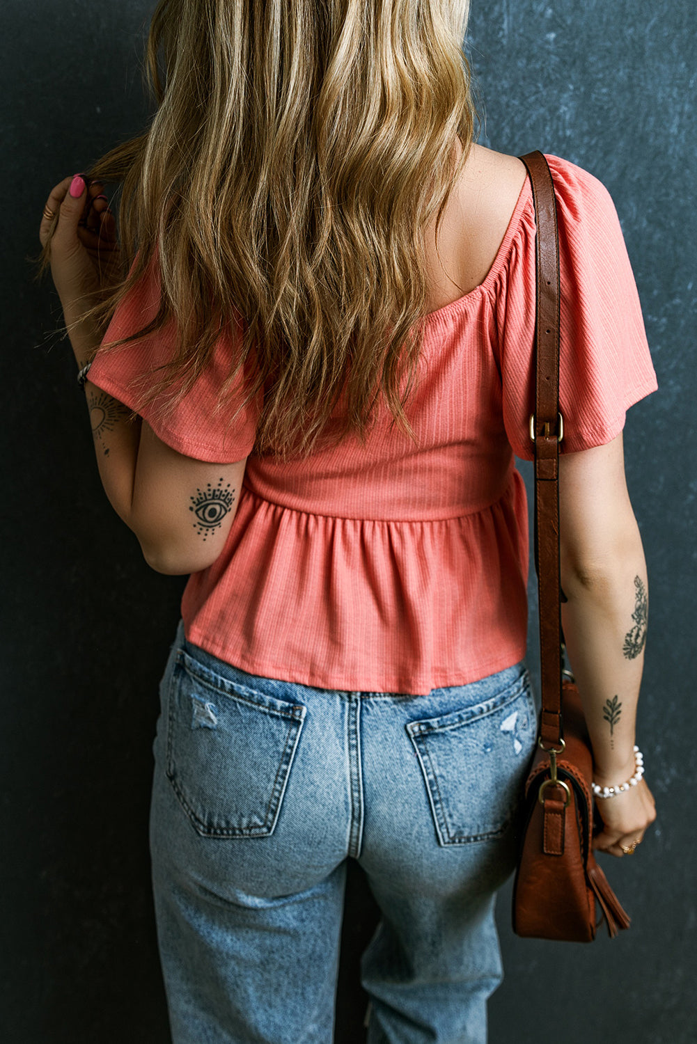 Black Shirred V Neck Short Flutter Sleeve Textured Blouse