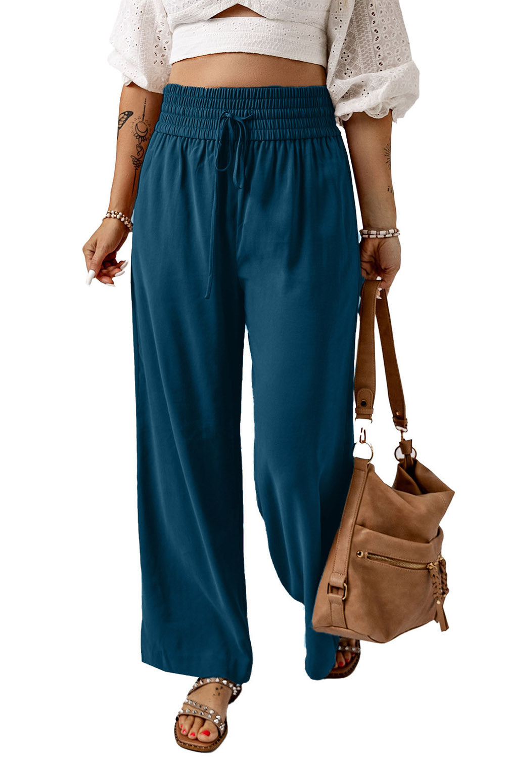 Green Brown Drawstring Elastic Waist Casual Wide Leg Pants