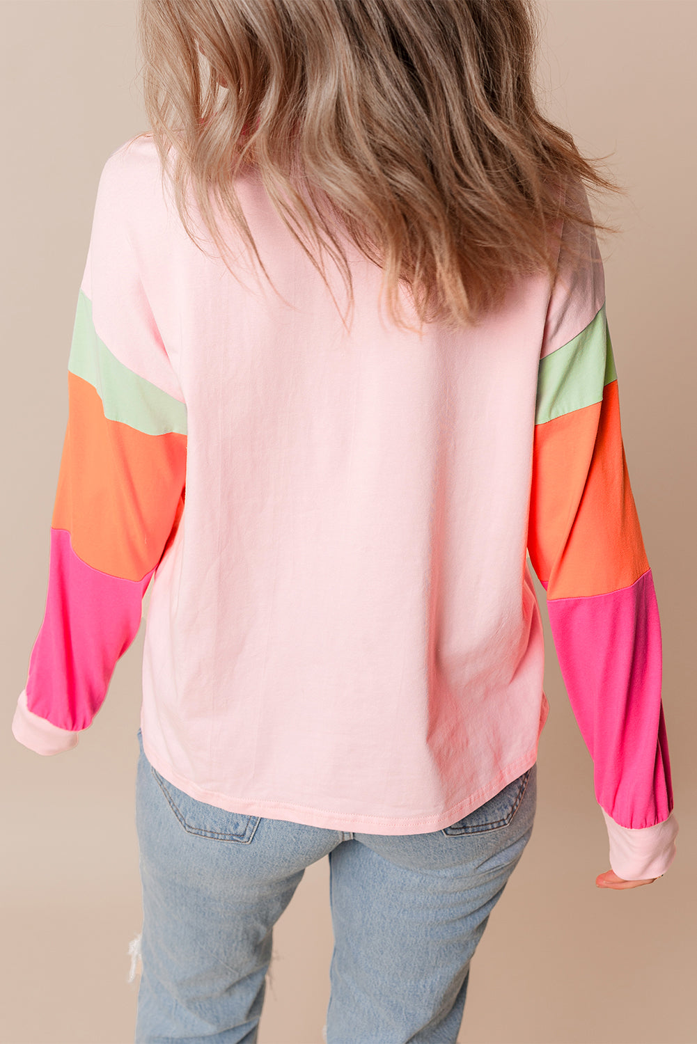 Green Colorblock Patchwork Long Sleeve Loose Top